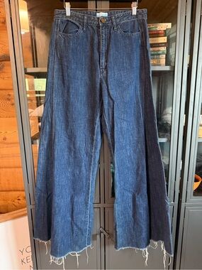 Show Me Your Mumu Women's Dark Blue Super Wide Leg Jeans with Raw Hem